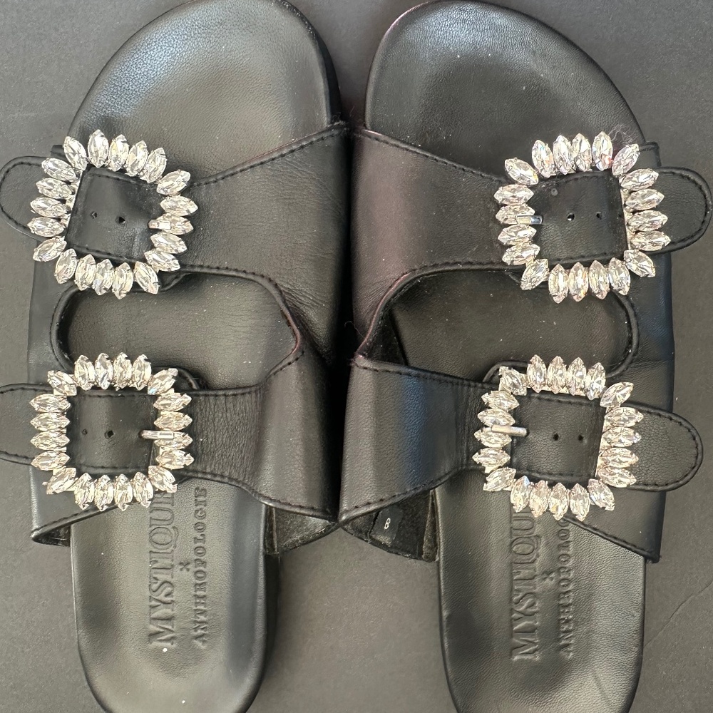 Mystique x Anthropologie Jane Slide Sandals rhinestones sz 8 leather